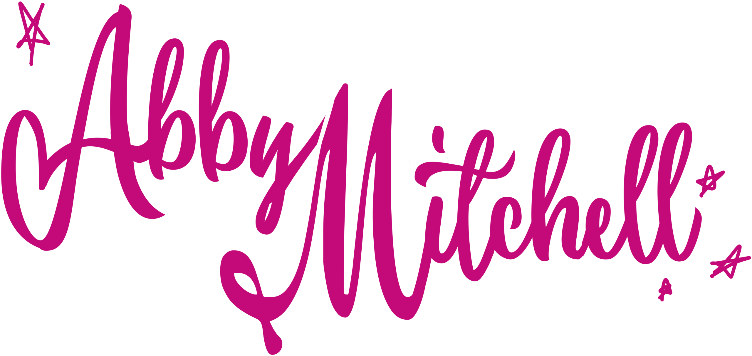 "Abby Mitchell" written in a pink illustrative font surrounded by stars.