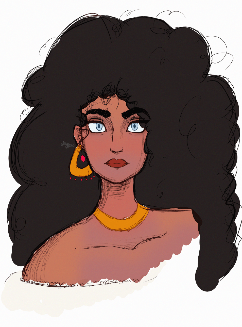 Sketch of a dark-haired human woman by Abby Mitchell.